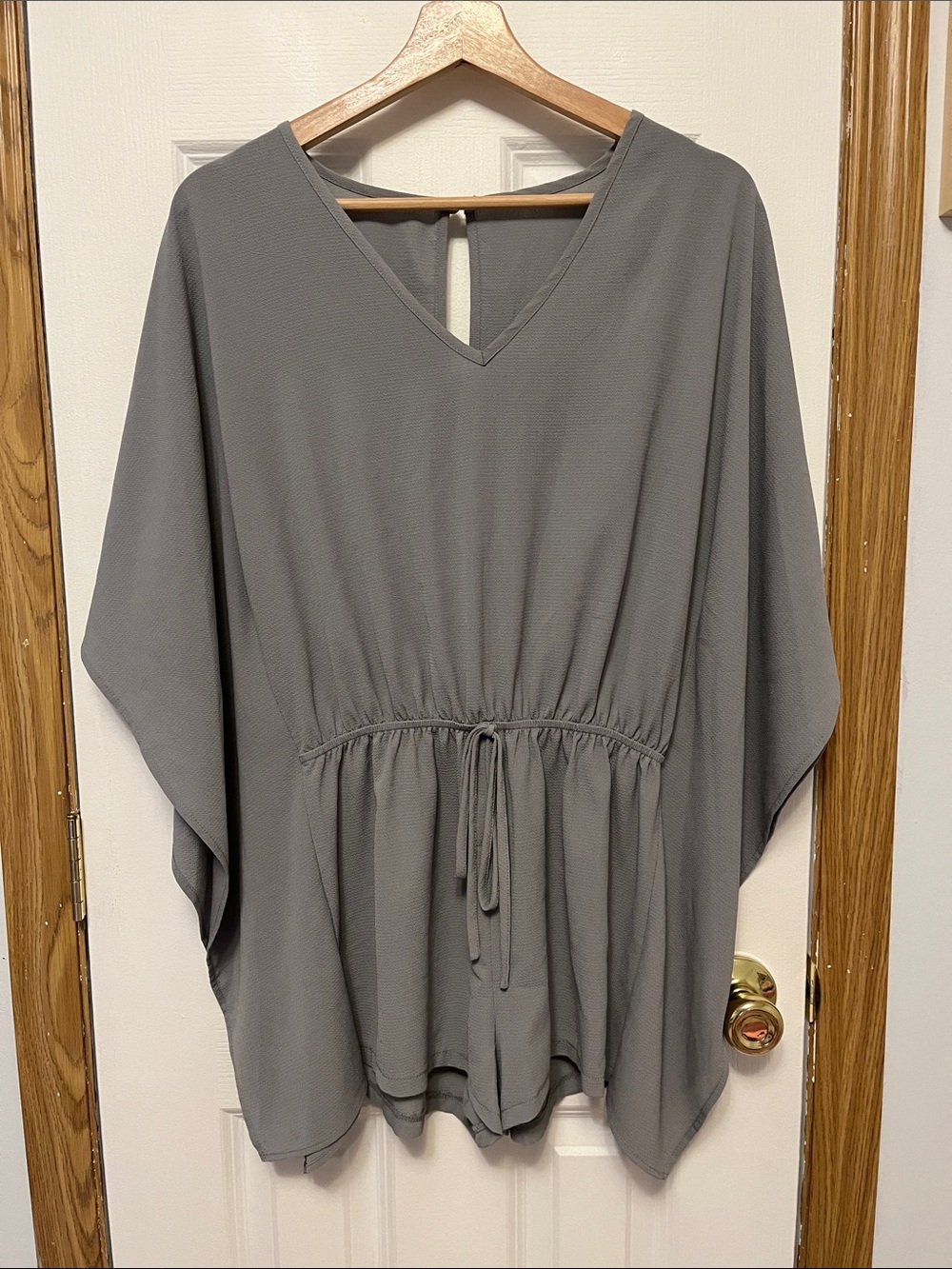 Gray V-Neck Batwing Drawstring Waist Romper